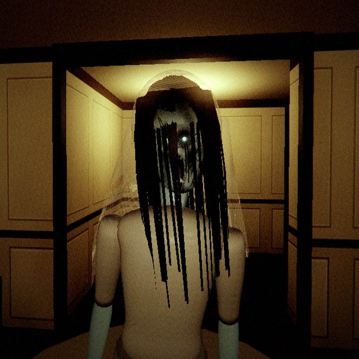 The Bride: long wet hair over her face, a torn veil down her back