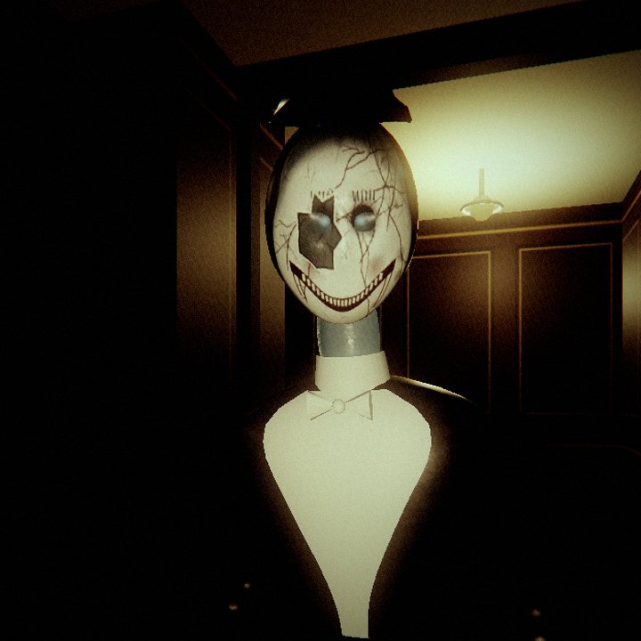 The Maître d’: a cracked porcelain face with a painted grin, in a black tailcoat