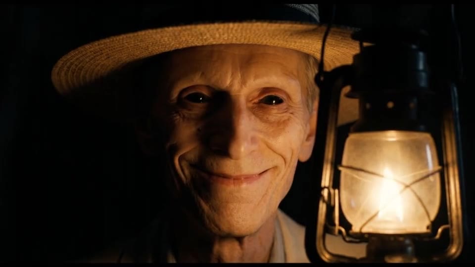 Michael, the resort’s host: an old man in a straw hat, smiling, eyes closed, lit by a lantern