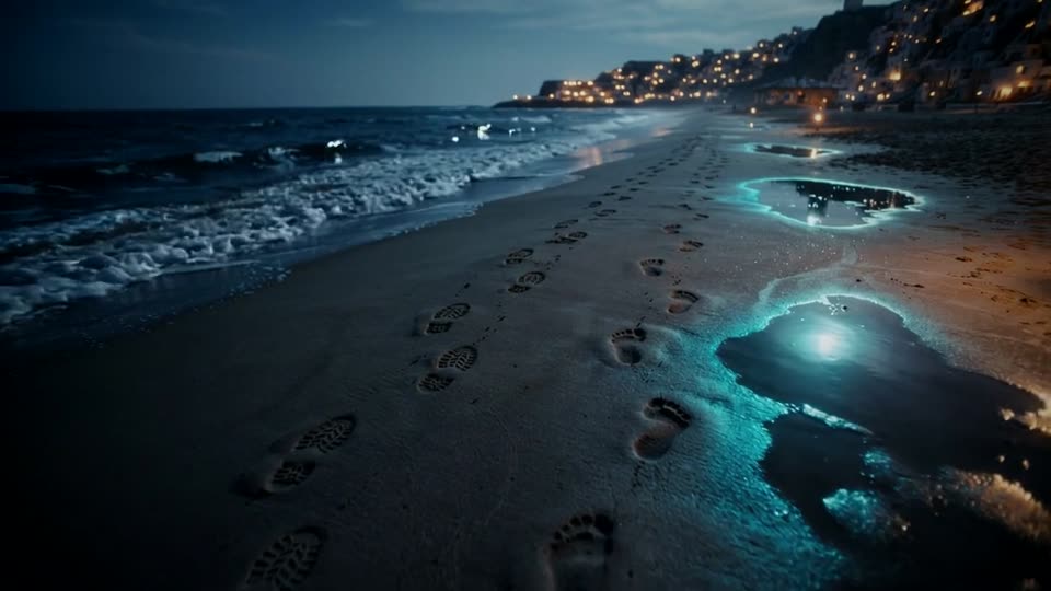 A beach at night, two lines of footprints in the sand and the sea glowing where it breaks