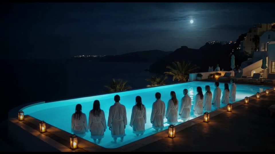 Guests in white robes standing waist-deep in a glowing pool at night, their backs to us, facing the dark sea