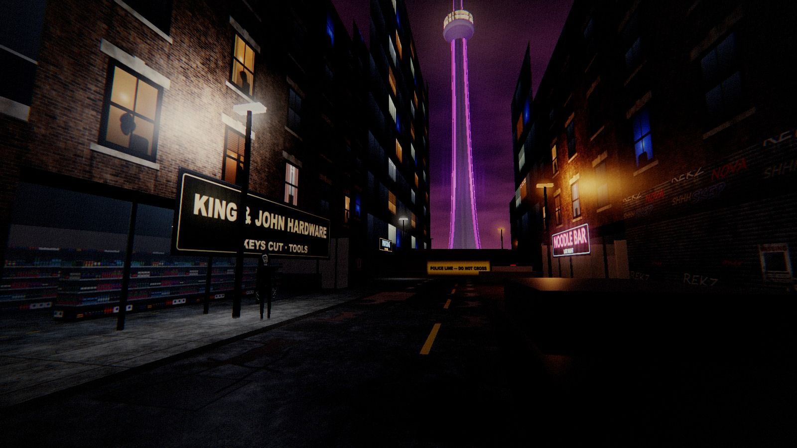 HOLD YOUR BREATH: John Street in Toronto at night, the CN Tower lit up at the end of it, and something standing under a street light, listening