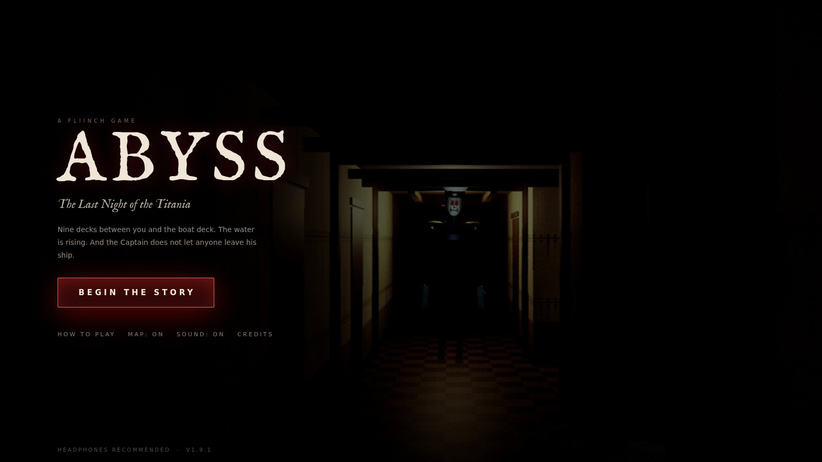 The ABYSS title screen: the Captain standing at the far end of a dark passage on G deck