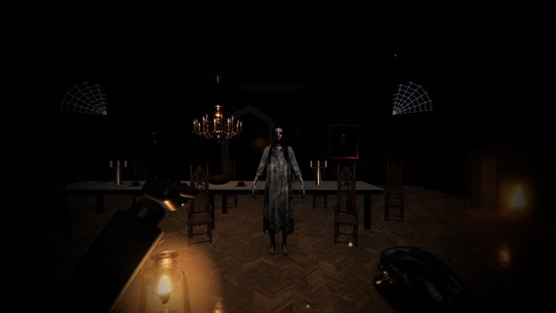 The dark Dining Room, its chairs turned towards you, and the Lodger standing in front of the table