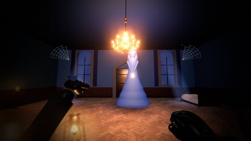 The Lady in Blue, glowing pale blue, in her dark rooms at the top of the tower