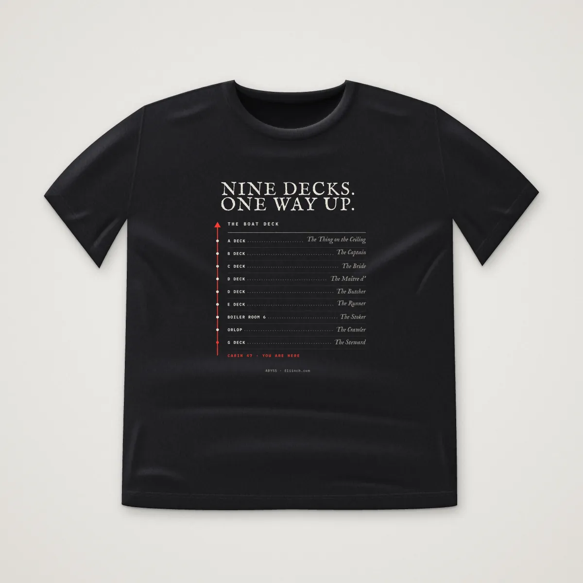 NINE DECKS. ONE WAY UP. Tee in Black, front