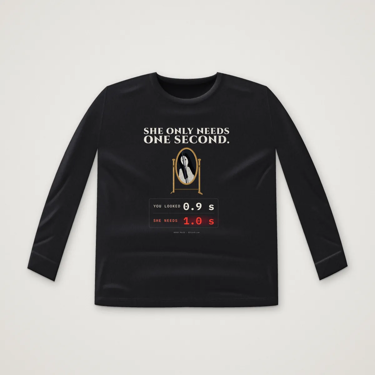 SHE ONLY NEEDS ONE SECOND. Long Sleeve in Black, front
