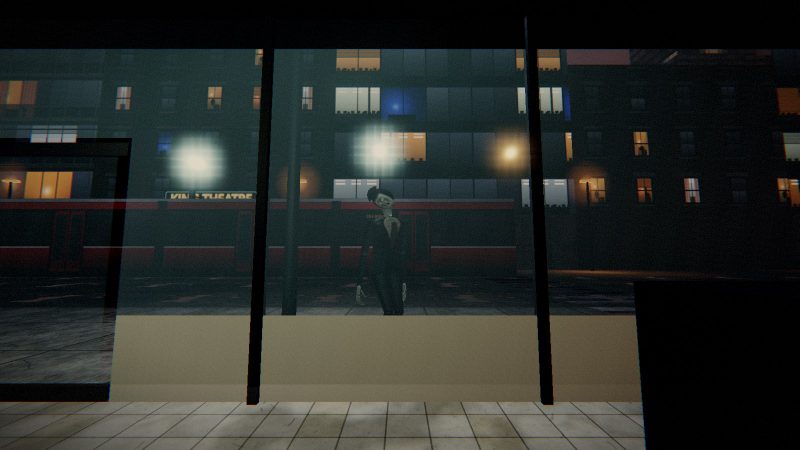 From inside a convenience store at night, a figure in a suit stands at the window, its head tilted, a red streetcar behind it