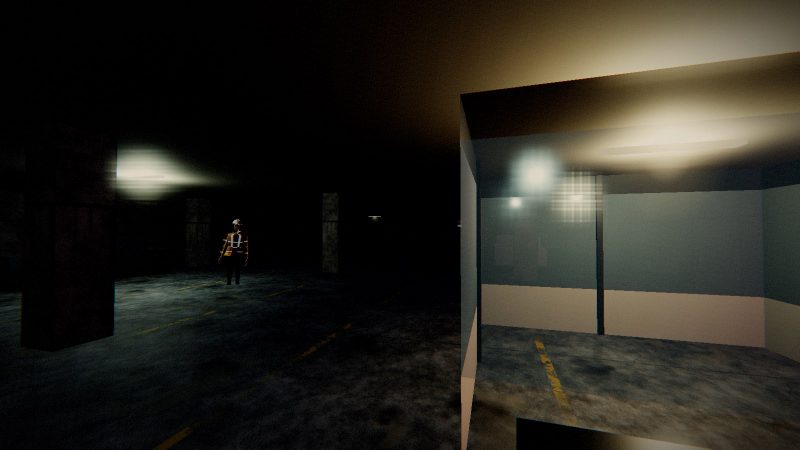 A dark parking garage lit by flickering tubes, a figure in a hi-vis vest and hard hat standing between the pillars